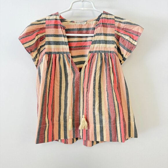 Ulla Johnson Amba Top Pink Rosewood Striped Ruffle Sleeve V Neck Blouse - Picture 2 of 8